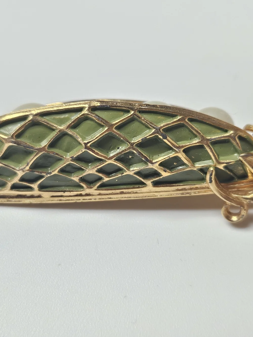 Gold-Tone Green Enamel Pea Pod Brooch with Pearl Accents